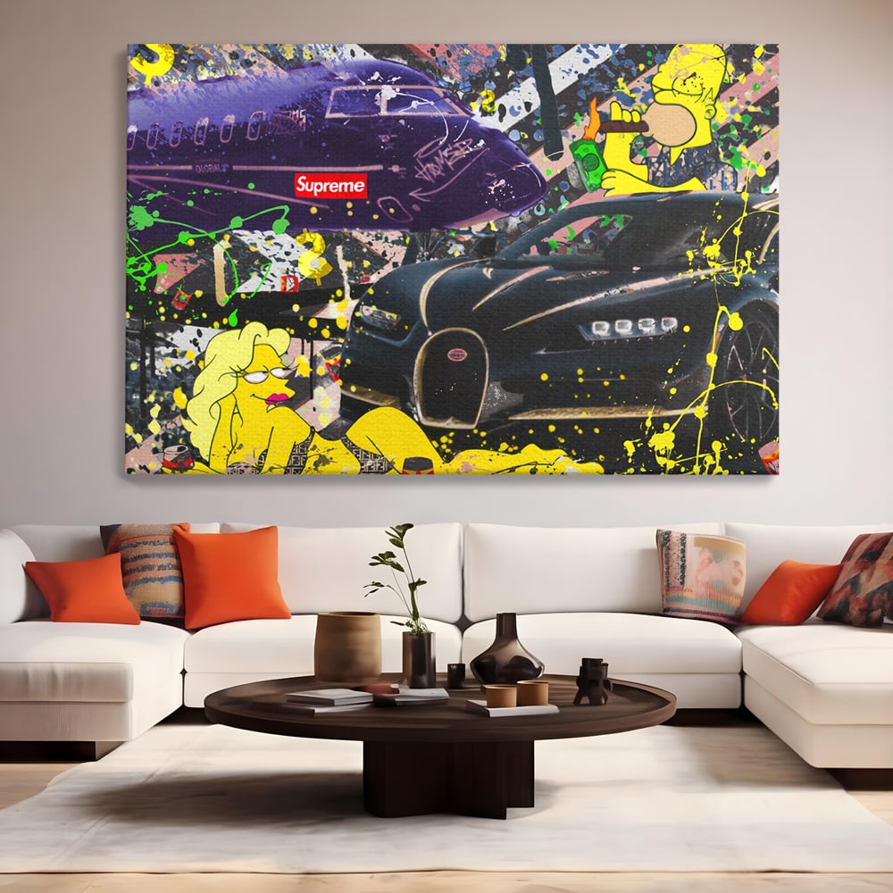 Tablou canvas cu tablou canvas cu homer simpson si masina de lux, fara rama, pe sasiu de lemn, pe perete intr-un living